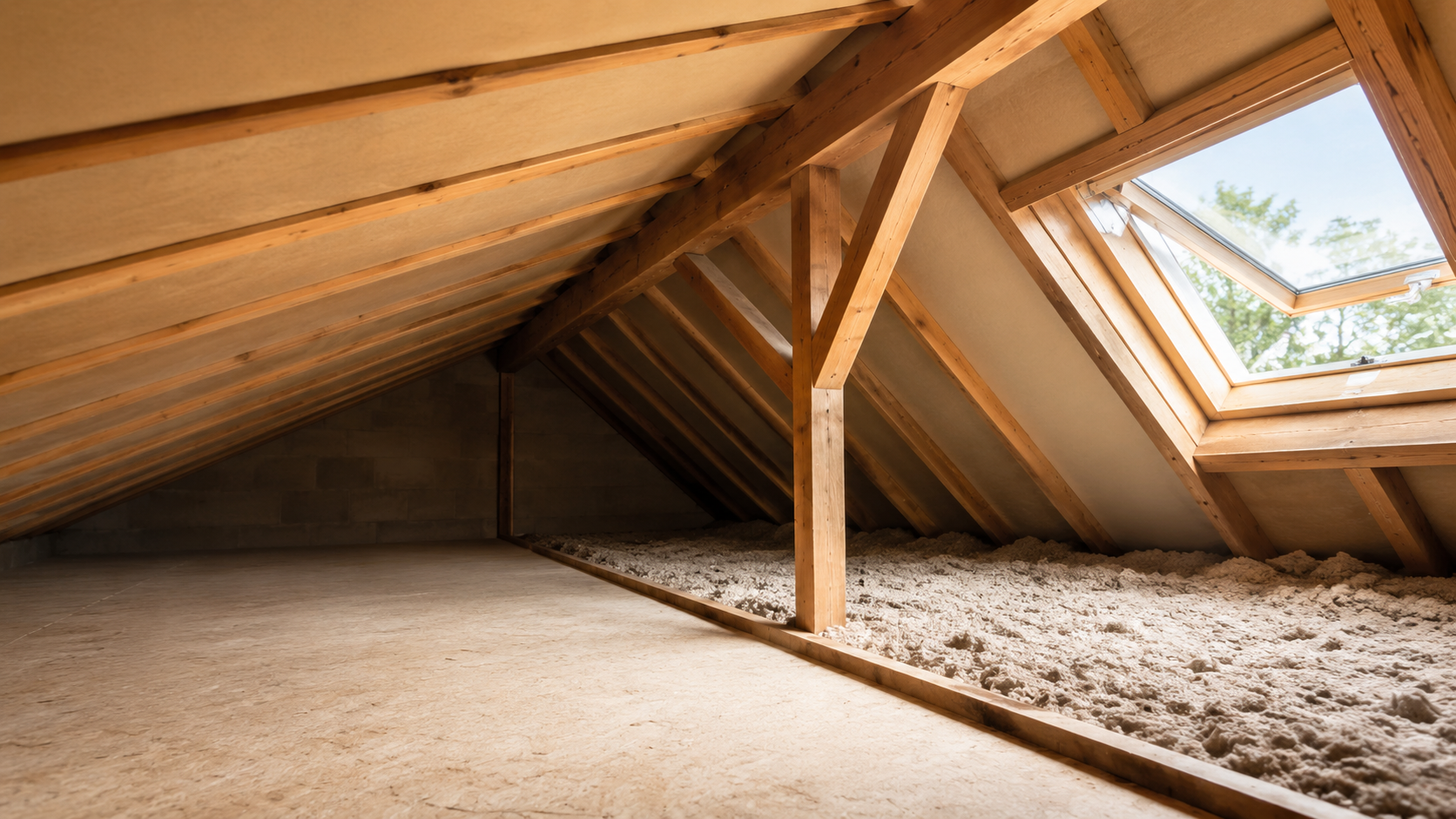 Combles perdus isolés par soufflage — vue intérieure avec charpente en bois et isolant en laine