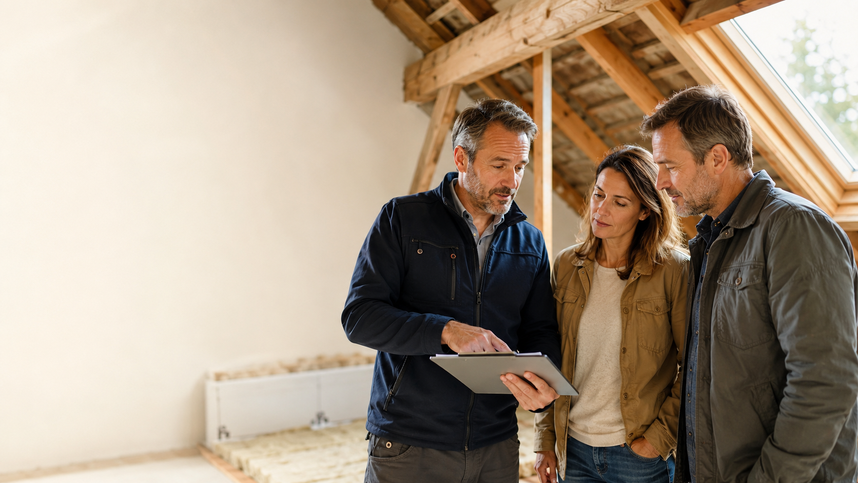 Conseiller en rénovation énergétique expliquant un projet d'isolation des combles à des propriétaires
