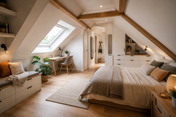 Combles aménagés lumineux avec lit bas, bureau, rangements sous pente et fenêtre de toit