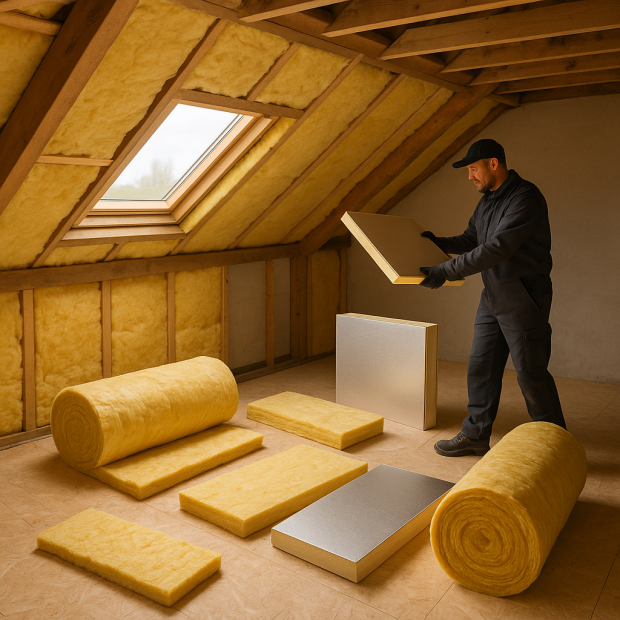 Intérieur d'une maison avec artisan isolant des combles perdus, mettant en avant des matériaux d'isolation comme la laine de verre.