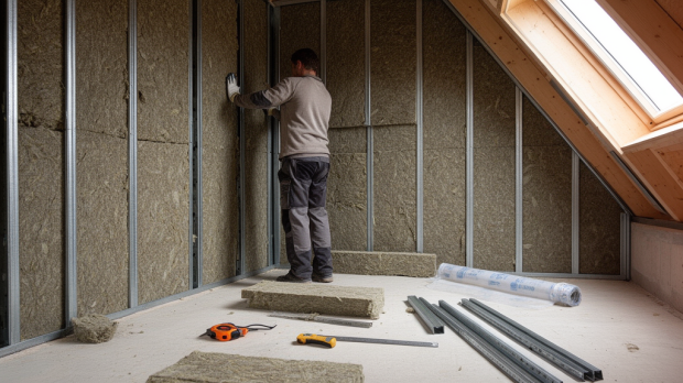 Pose de panneaux de laine de roche pour isoler un mur et des rampants de toiture en rénovation